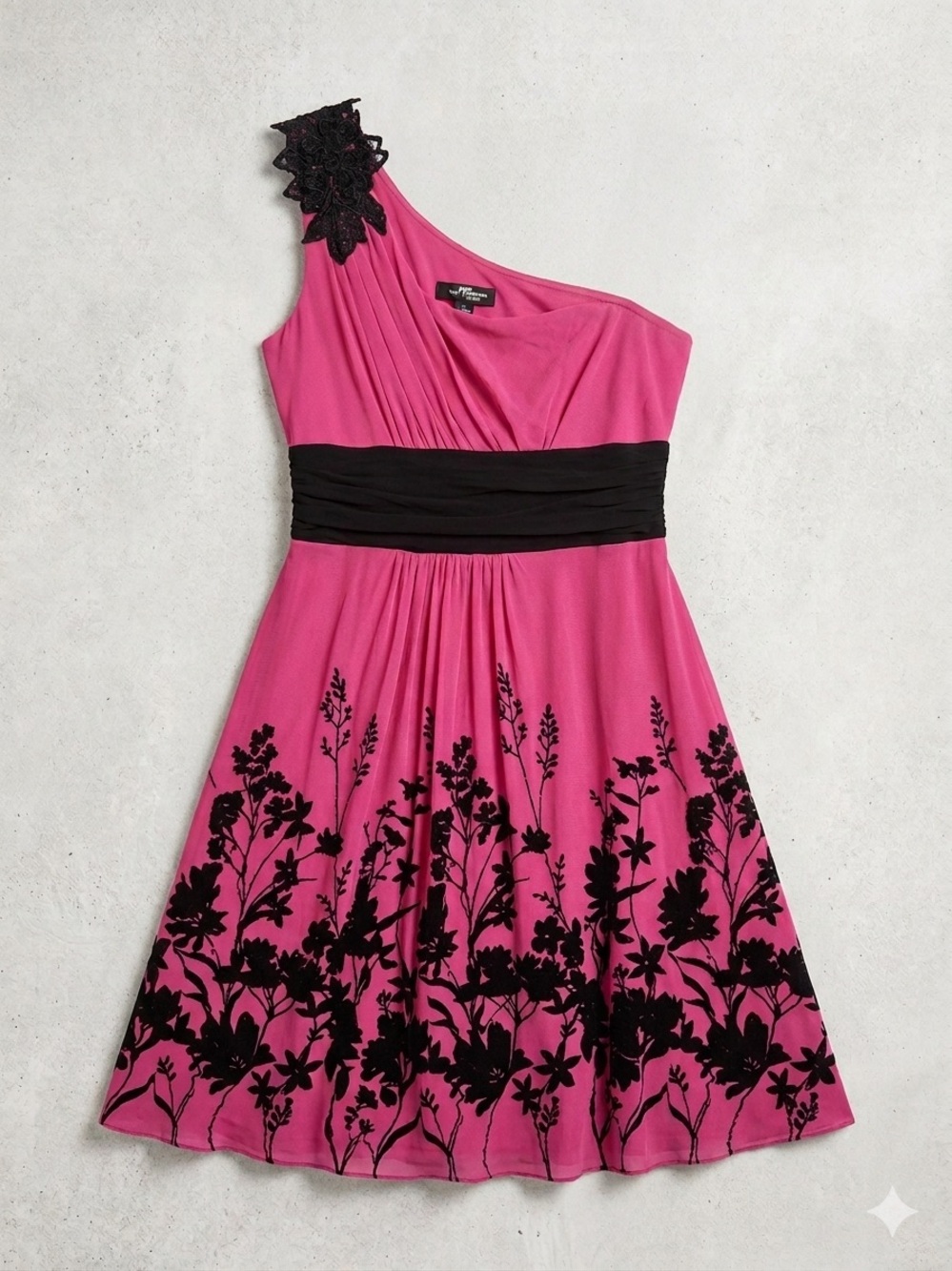 Jane Norman One-Shoulder Pink Floral Fit & Flare Dress with Black Waist